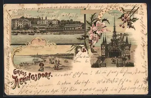 Lithographie Heringsdorf / Ostseebad, Curhaus u. Brücke, Strandparthie, Kaiser-Wilhelm-Brücke