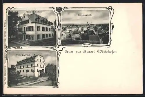 AK Wörishofen, Hotel-Pensionen Vetter u. Villa Gottlieb, Totalansicht, Ornament-Rahmen