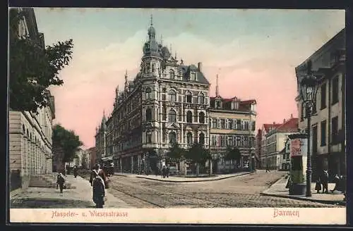 AK Barmen, Haspeler- und Wiesenstrasse, Gabelung mit Turmgebäude, Geschäften u. Litfasssäule