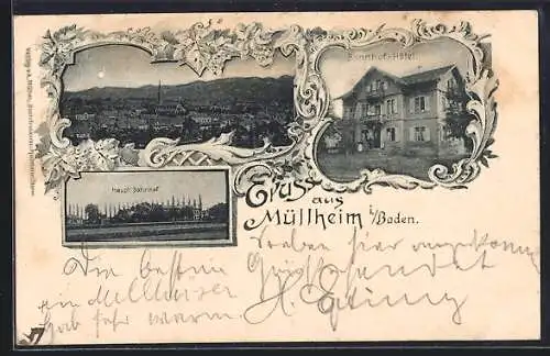 AK Müllheim i. Baden, Bahnhof-Hotel, Haupt-Bahnhof, Teilansicht bei Mondschein