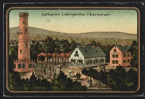 Künstler-AK Darmstadt, Gasthof Ludwigshöhe mit Turm