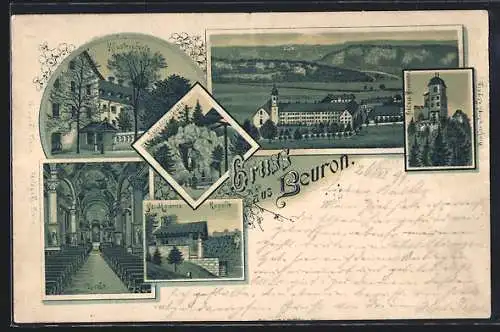 Lithographie Beuron, Klosterplatz, Lourdes-Grotte, Kirche, St. Maurus Kapelle und Schloss Bronnen