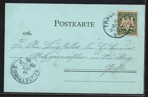 Mondschein-Lithographie Traunstein, Teilansicht, Ruhpolding, Luitpoldbrunnen