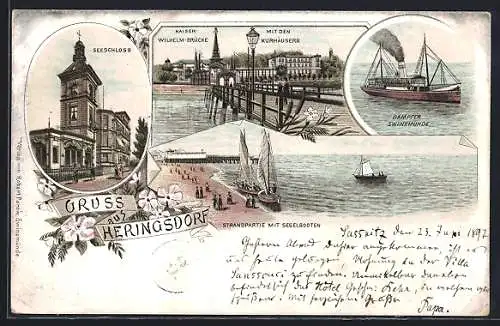 Lithographie Heringsdorf / Ostsee, Seeschloss, Kaiser Wilhelm-Brücke mit den Kurhäusern, Strandpartie, Dampfer Swinemünde