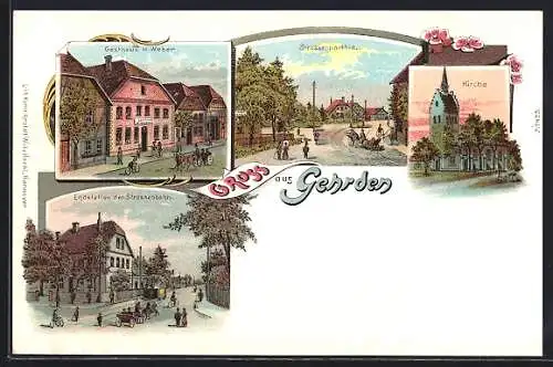 Lithographie Gehrden, Gasthaus H. Weber, Kirche, Endstation der Strassenbahn