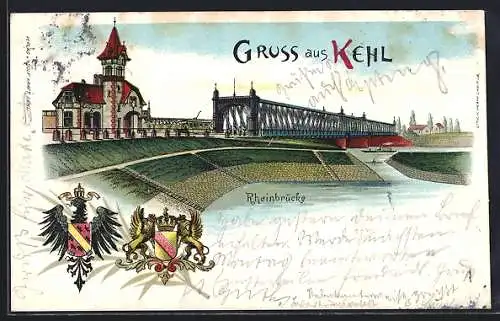 Lithographie Kehl, Blick zur Rheinbrücke