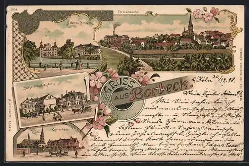 Lithographie Essen-Borbeck, Ortsansicht von oben, Schloss, Bürgermeister-Amt, Krankenhaus