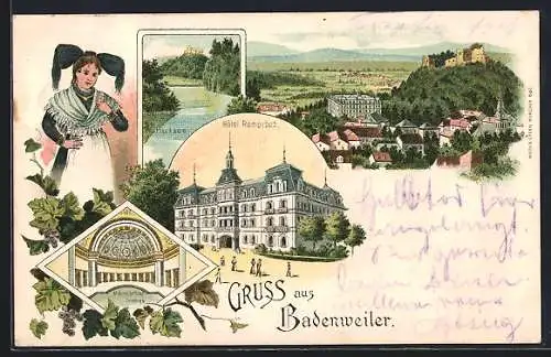 Lithographie Badenweiler, Hotel Römerbad, Parksee, Marmorbad von Innen