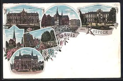 Lithographie Rostock, Ständehaus, Kaiserliches Postamt, Petrikirche