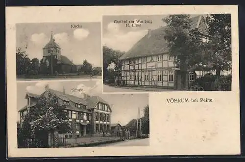 AK Vöhrum bei Peine, Gasthof zur Wartburg, Kirche, Schule