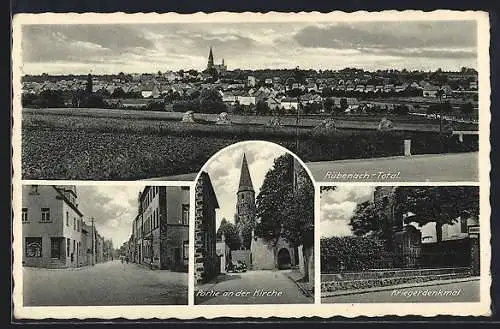 AK Rübenach, Strassenpartie mit Geschäft, Kirche, Kriegerdenkmal