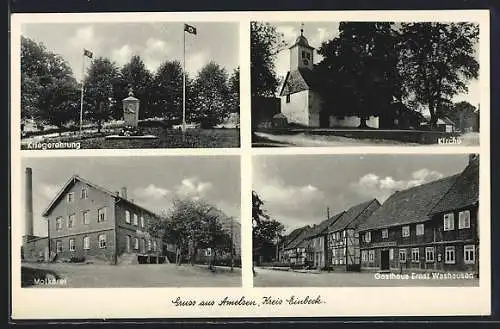 AK Amelsen /Kreis Einbeck, Gasthaus Ernst Washausen, Molkerei, Kirche