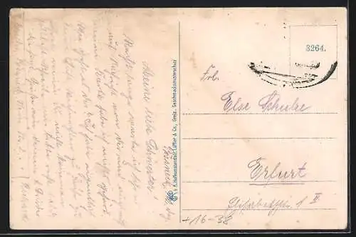 Grusskarten-AK Pössneck i. Thür., Rathaus, Marktplatz und Bahnhofstrasse im Kleeblatt, Passepartout