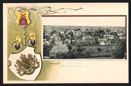 Passepartout-Lithographie Grossröhrsdorf, Totalansicht und Stadt-Wappen