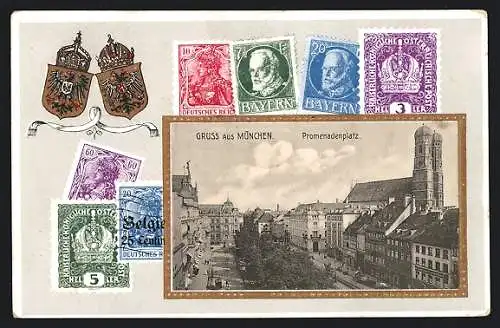 AK München, Promenadenplatz mit Frauenkirche, Briefmarken, Wappen