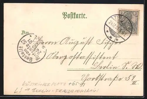 Lithographie Berlin-Friedrichshain, Küstriner Platz mit Bahnhof, Königsfeld & Co.