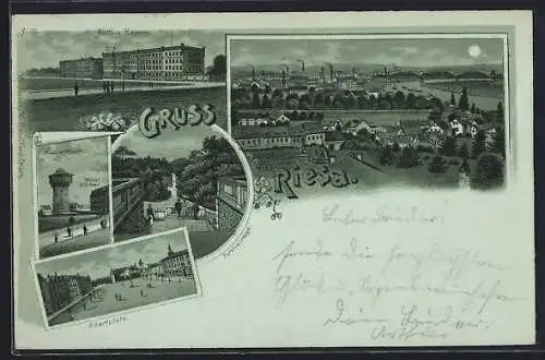 Mondschein-Lithographie Riesa, Hotel Höpfner und Wasserturm, Artillerie-Kaserne, Albertplatz