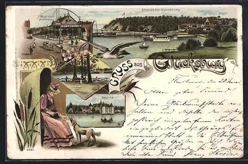 Lithographie Glücksburg, Hotel Stadt Hamburg, Schloss, Strandhotel, Königs-Eiche