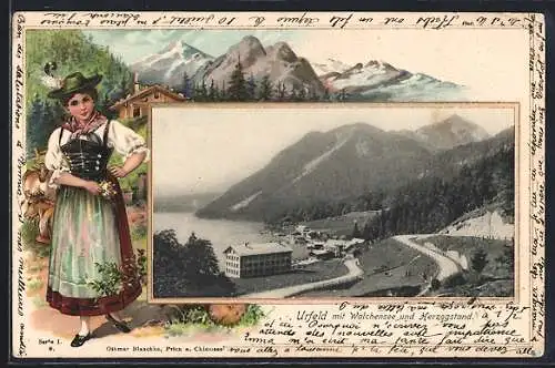 Passepartout-Lithographie Urfeld / Bayern, Teilansicht mit Walchensee und Herzogstand, Frau in Tracht