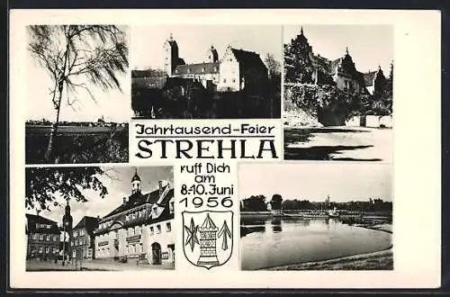 AK Strehla / Elbe, Festpostkarte zur Jahrtausend-Feier 1956, Rathaus, Dampfer passiert die Fähranleger