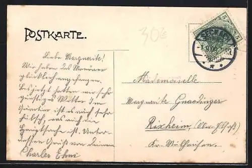AK Seckach, Gasthaus zum grünen Baum, Bes. Martin Knörzer, Bahnhof, Schulhaus und Kirche