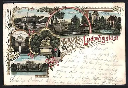 Lithographie Ludwigslust / M., Bahnhof, Schloss Rückseite, Luther-Kirche, kath. Kirche, gerahmt, mit Tannen und Blumen