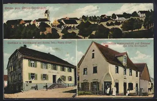 AK Gross-Schönach, Gasthaus und Brauerei zur Krone, Inh. Franz Biller, Geschäft von Otto Schraudolf