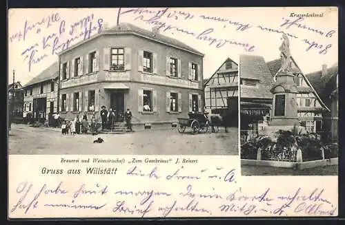 AK Willstätt, Gasthaus und Brauerei Zum Gambrinus, Bes. J. Beinert, Kriegerdenkmal