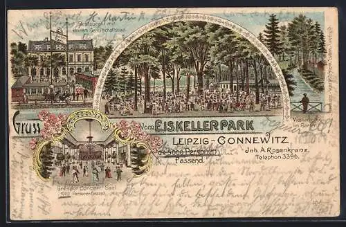 Lithographie Leipzig-Connewitz, Gasthof Eiskellerpark, Inh. A. Rosenkranz, Gartenpartie und Konzertsaal