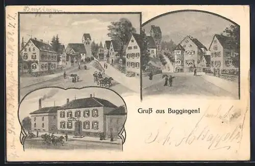 Künstler-AK Buggingen, Strassenpartie mit Kirche, Gebäudeansicht, Ortspartie