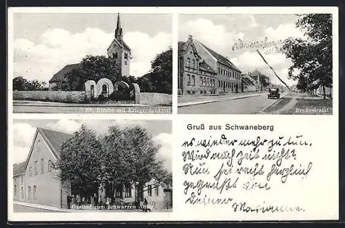 AK Schwaneberg, Gasthof zum schwarzen Adler, Breitestrasse und Ev. Kirche mit Kriegerdenkmal