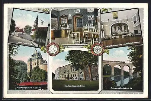 AK Waldheim i. Sachsen, Gasthof Schützenhaus, Bes. W. Nürnberger, Anstalt mit Kirche, Zschopautalpartie