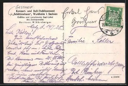 AK Waldheim i. Sachsen, Gasthof Schützenhaus, Bes. W. Nürnberger, Anstalt mit Kirche, Zschopautalpartie