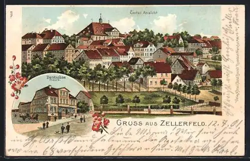 Lithographie Zellerfeld, Gasthaus Deutsches Haus, Ortsansicht