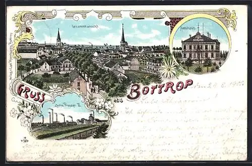 Lithographie Bottrop, Zeche Prosper II., Amtshaus und Totalansicht