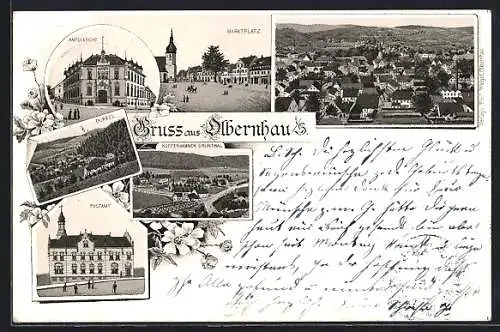 Lithographie Olbernhau i. S., Postamt, Amtsgericht, Marktplatz und Totalansicht