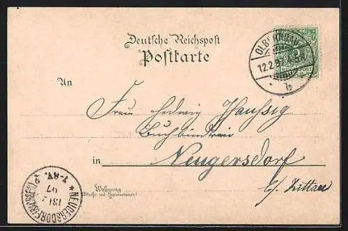 Lithographie Olbernhau i. S., Postamt, Amtsgericht, Marktplatz und Totalansicht