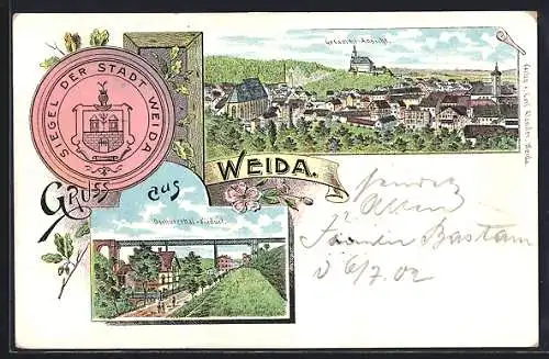 Lithographie Weida / Thür., Oschützthal-Viadukt und Totalansicht, Siegel der Stadt