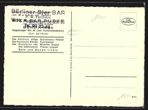 AK Berlin-Charlottenburg, Gasthof und Bier-Bar Buske, Augsburger Strasse 39