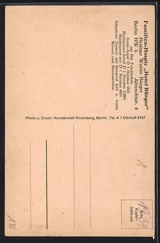 AK Berlin, Familien-Hospiz Hotel Bürger, Bes. Walter Bürger, Albrechtstr. 6 am Bhf. Friedrichstrasse