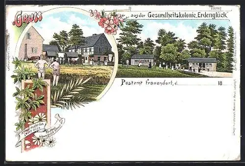 Lithographie Frauendorf / Frohburg, Gesundheitskolonie Erdenglück mit Besuchern