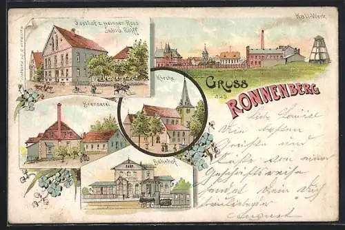 Lithographie Ronnenberg, Gasthof z. weissen Ross, Inh. G. Rolff, Brennerei, Bahnhof und Kirche