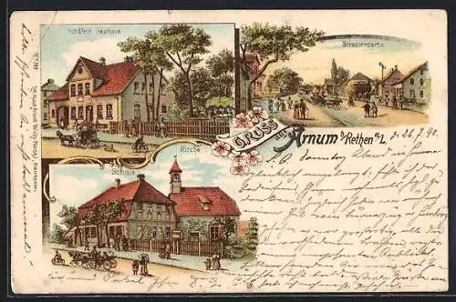 Lithographie Arnum b. Rethen, Schäfers Gasthaus, Schule und Strassenpartie