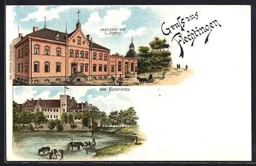 Lithographie Flechtingen, Gasthaus Deutscher Hof, Burg