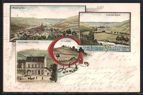 Lithographie Vicht b. Stolberg, Restaurant Stickeler, Kluckenstein und Totalansicht