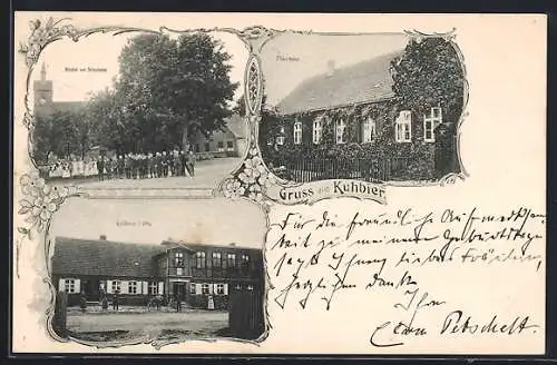 AK Kuhbier, Gasthaus F. Otto, Kirche mit Schulhaus, Pfarrhaus