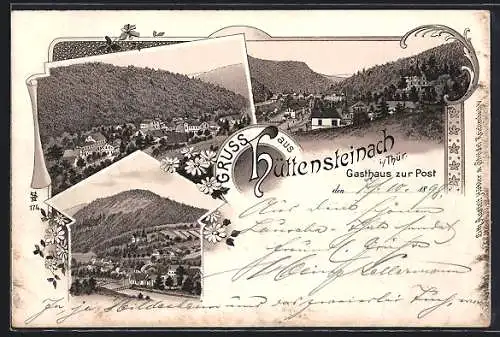 Lithographie Hüttensteinach i. Thür., Gasthaus zur Post mit Totalansicht