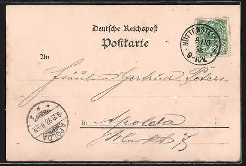 Lithographie Hüttensteinach i. Thür., Gasthaus zur Post mit Totalansicht
