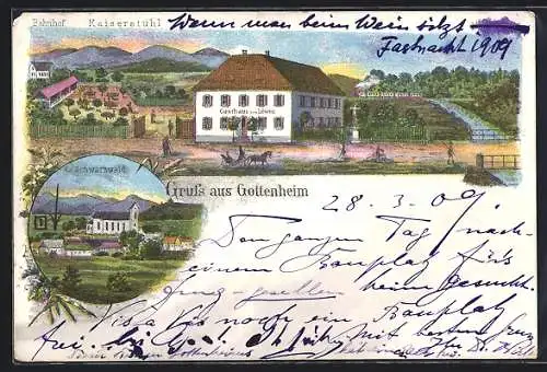 Lithographie Gottenheim, Gasthaus zum Löwen am Bahnhof