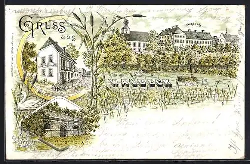 Lithographie Walbeck / Hettstedt, Gasthaus Karl Trautmann, Erbbegräbnis und Schloss